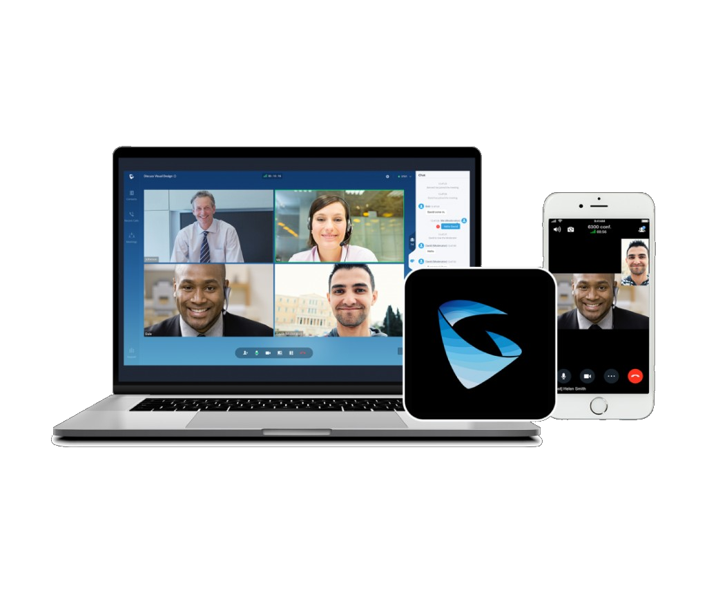 Grandstream video konferans arayüzü — laptop ve akıllı telefonda